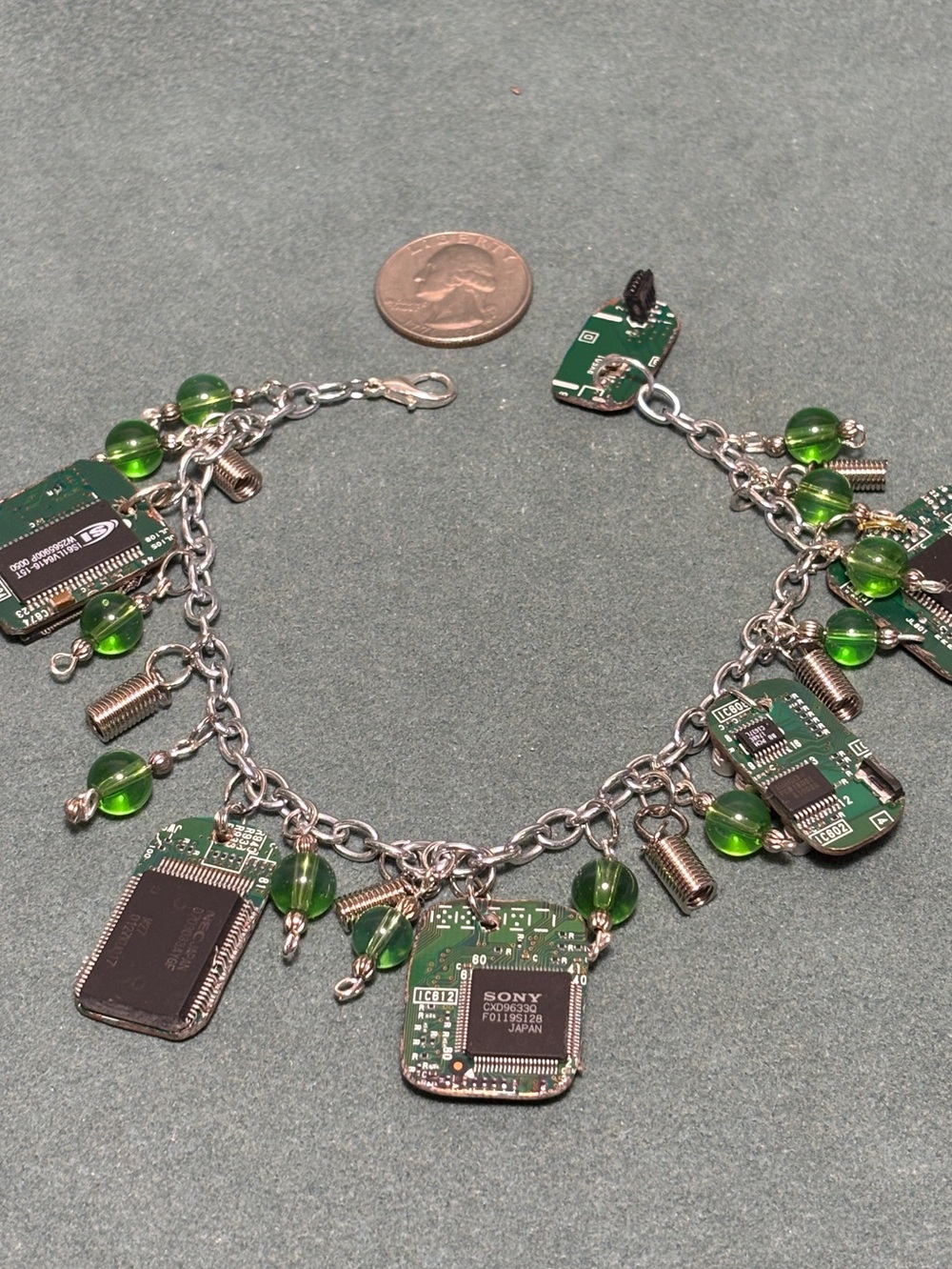 Unique Tech Circuit Board Charm Bracelet with Green Beads
